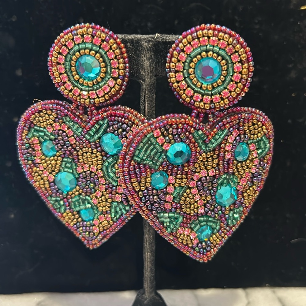 Vintage Designer Hand Beaded Large Heart Earrings-Boutique